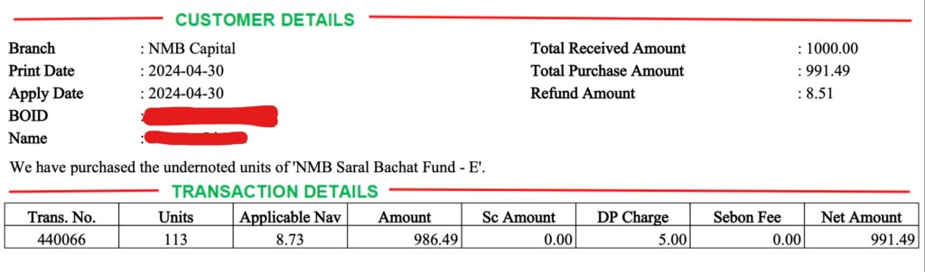 nmb saral bachat fund e unit purchase sample