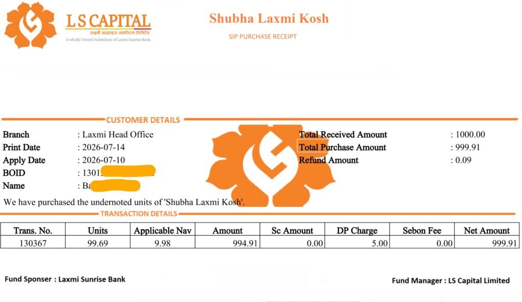 Laxmi SIP Subha Laxmi Kosh SIP Unit Purchas Sample